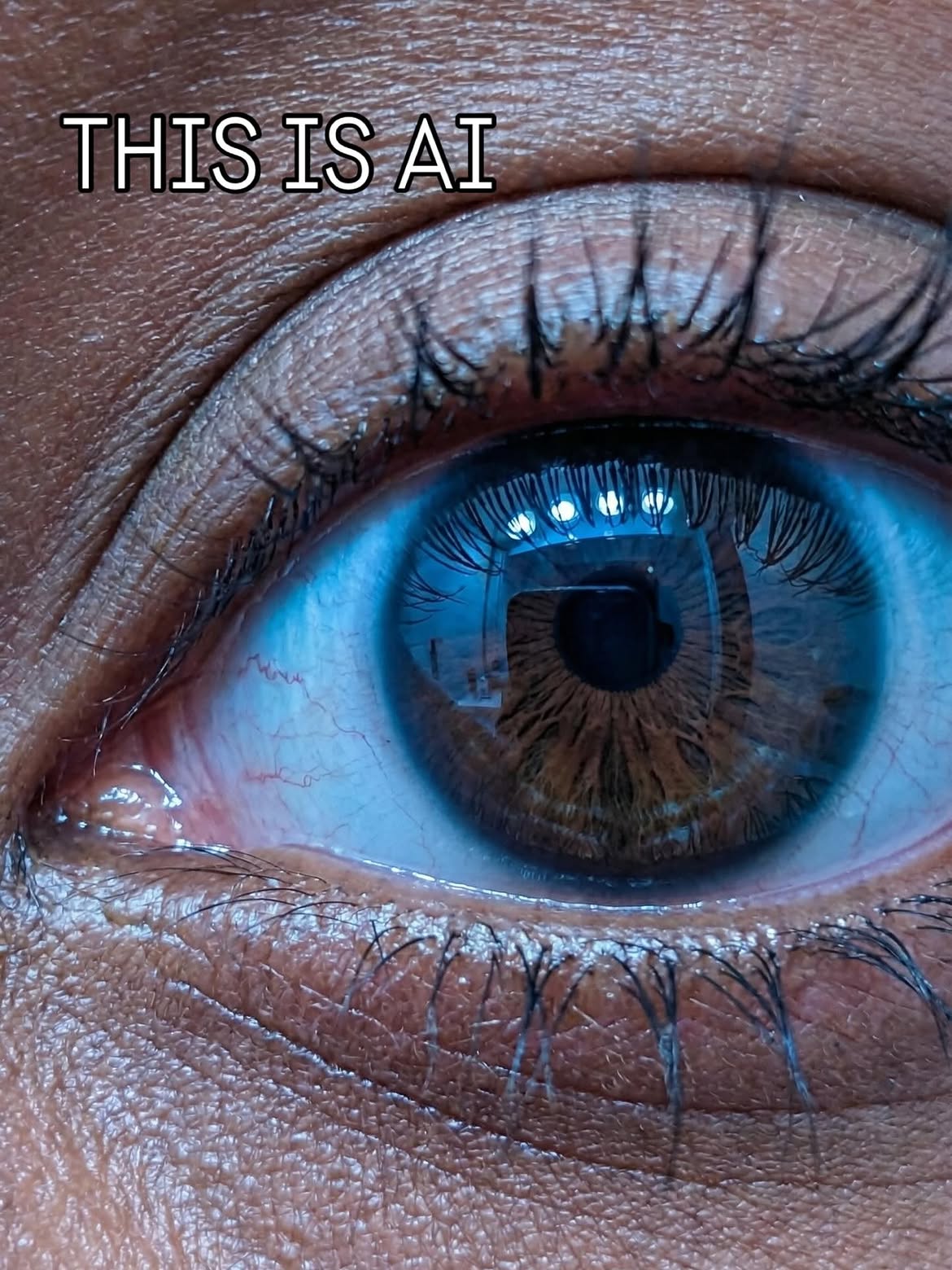 Macro photograph of an eye with visible lashes, iris fibres and window catchlights