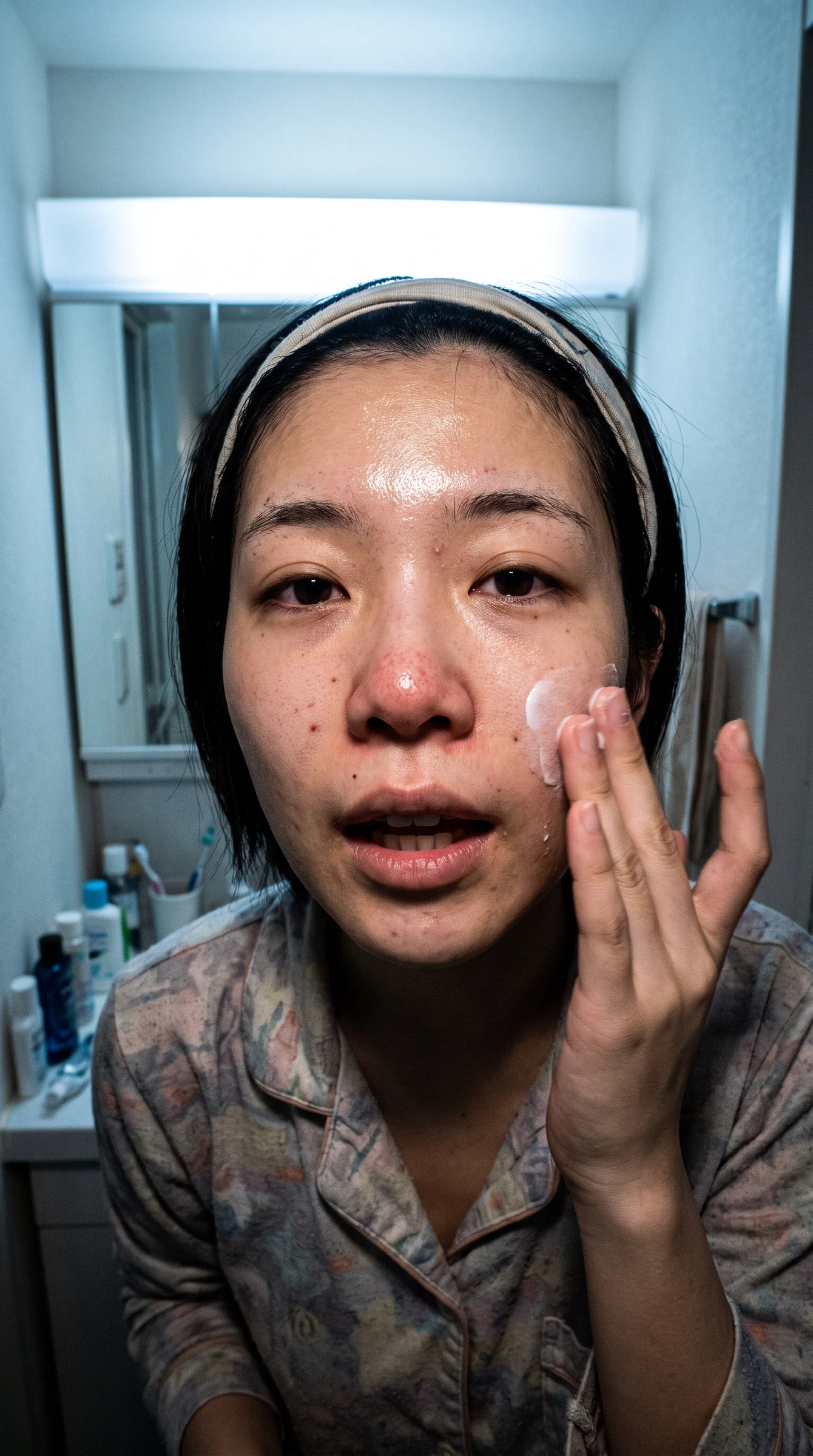 Asian woman applying skincare in the same locked reference composition